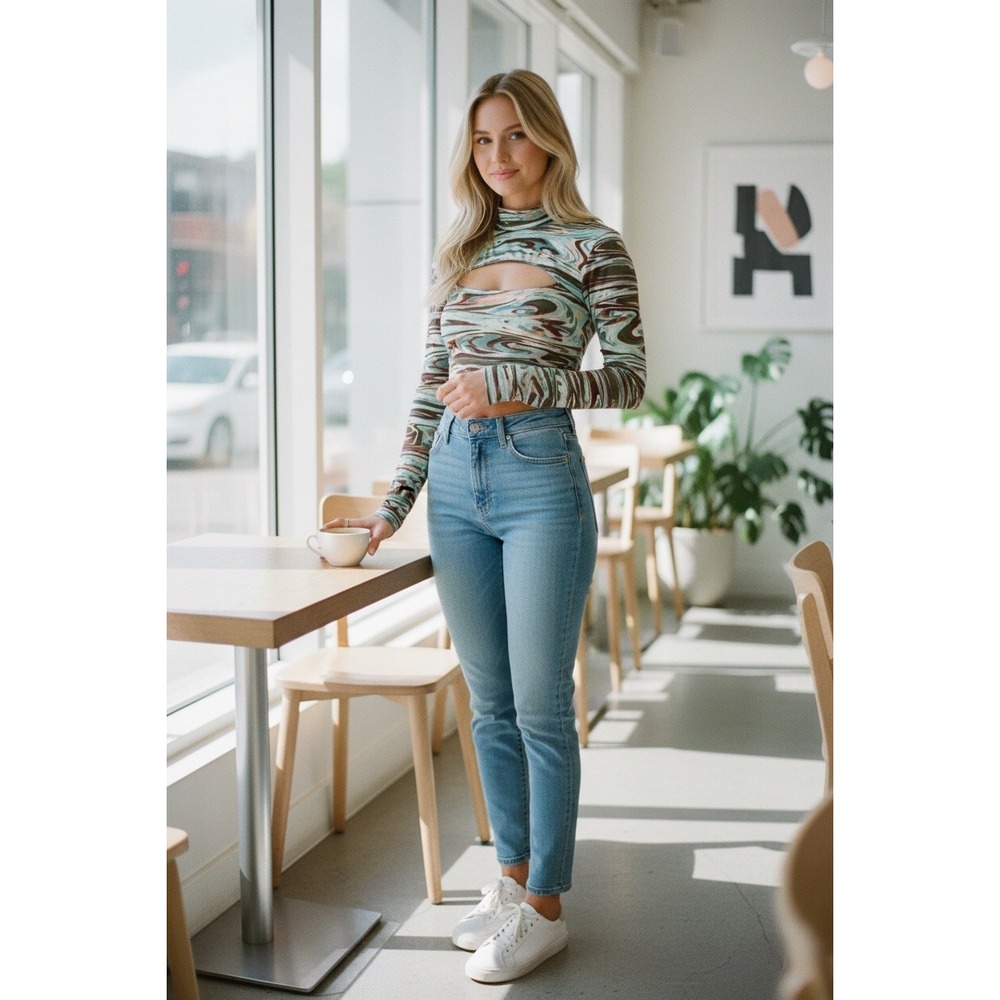 Annes Apparel‎ Marble Print Cutout Mock Neck Long Sleeve Crop Top Multi-Color